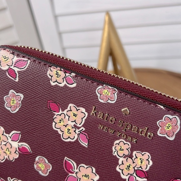 KATE SPADE l Tinsel Wallet Limited Edition Zip Around Floral Glitter Deep Berry - Picture 4 of 11
